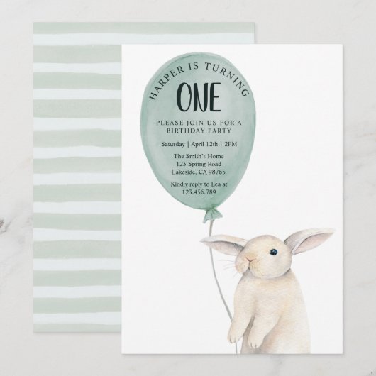 Invitation Joyeux Anniversaire Lapin Mignon avec Ballon (Devant / Derrière)