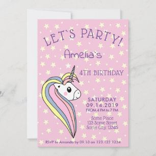 Invitation Joyeux Anniversaire Licorne Rose pour Fillettes