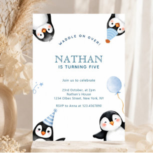 Invitation Joyeux Anniversaire Minimaliste Pingouin Aquarelle