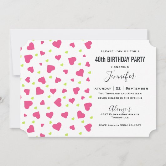 Invitation Joyeux Anniversaire Motif de Cœurs Roses et Verts (Devant)