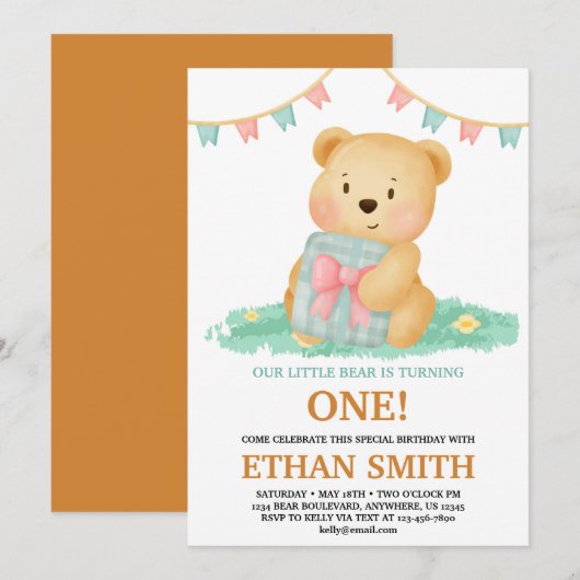 Invitation Joyeux Anniversaire Ourson Mignon (Devant / Derrière)