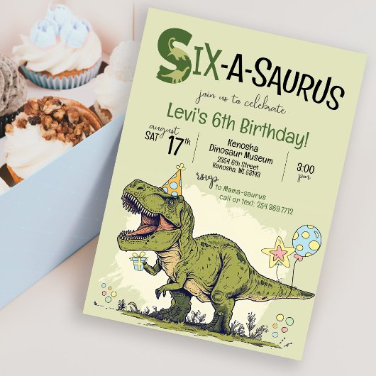 Invitation Joyeux Anniversaire Six-A-Saurus Dinosaure TRex 6