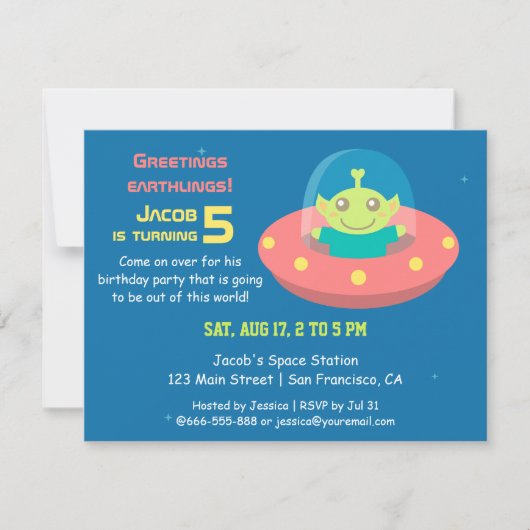 Invitation Joyeux Anniversaire Thème Espace et Alien Mignon (Devant)