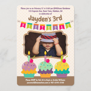 Invitation Joyeux Anniversaire Trois Cupcakes Bunting Photo
