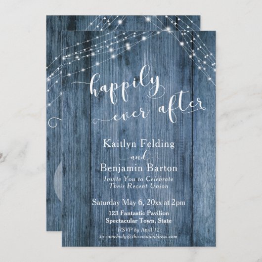 Invitation Joyeux après avec Rustic Blue Wood & Lights (Devant / Derrière)