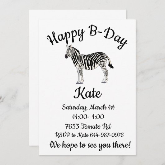 Invitation Joyeux B-day Zebra (Devant / Derrière)