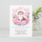Invitation Joyeux Baby shower Fille Otter Rose Floral (Debout devant)