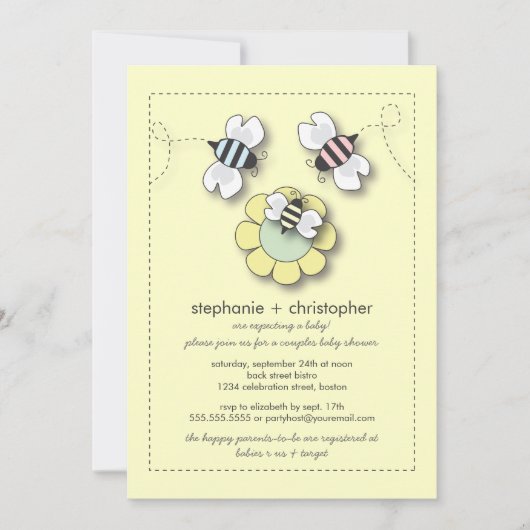 Invitation Joyeux Baby shower neutre des couples d'abeilles (Devant)