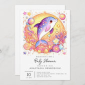 Invitation Joyeux Baby shower simple dauphin (Devant / Derrière)