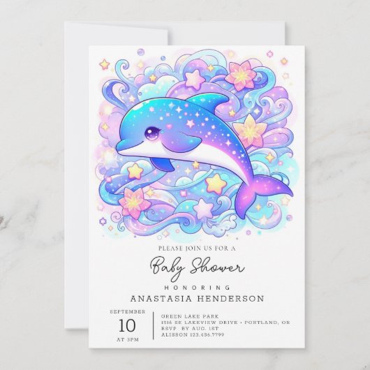 Invitation Joyeux Baby shower Whimsical Dolphin (Devant)