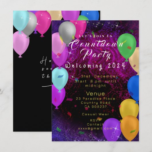 Invitation Joyeux ballon du Nouvel An (Devant / Derrière)