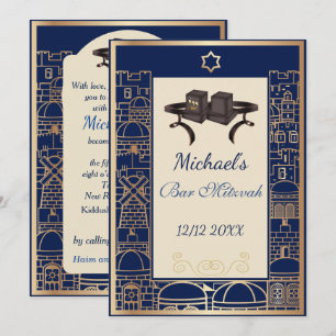 Invitation Joyeux Bar Mitzvah Jérusalem Kotel Téfiline Or