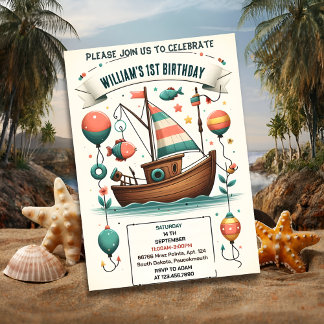 Invitation joyeux bateau mignon garçon Poisson d'un 1er anniv