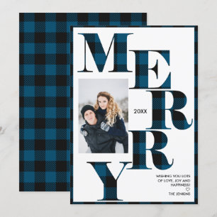 Invitation Joyeux Blue Buffalo Plaid Vertical Photo Holiday