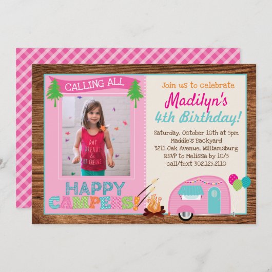 Invitation Joyeux Camper Girl Photo Anniversaire (Devant / Derrière)