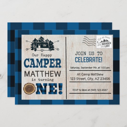 Invitation Joyeux Camper Lumberjack Flannel Premier anniversa (Devant / Derrière)
