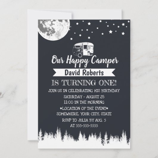 Invitation Joyeux Camper Moon Stars Forest Anniversaire (Devant)