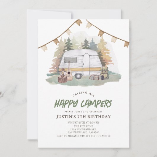 Invitation Joyeux Camper Mountain Forest Boy Anniversaire (Devant)