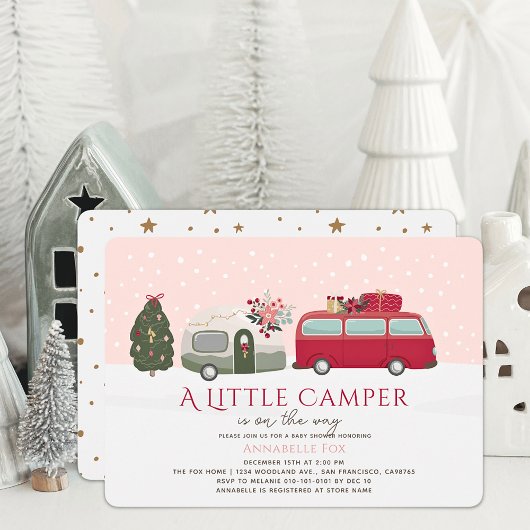 Invitation Joyeux Camper Noël Baby shower fille rose