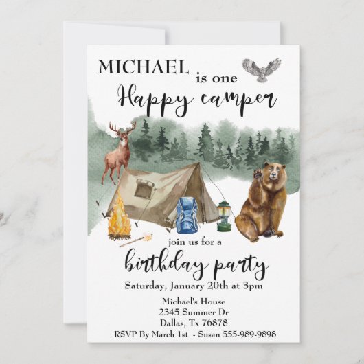 Invitation Joyeux Camper Ours de Forêt Anniversaire (Devant)