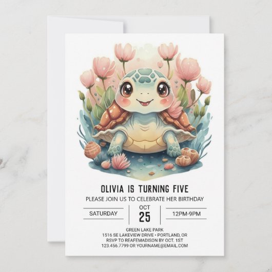 Invitation Joyeux Chic Turtle Girl Anniversaire (Devant)