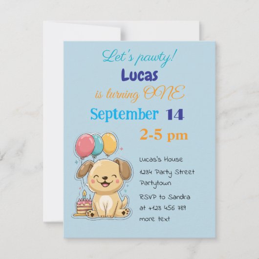 Invitation Joyeux chiot, garçon, faisons la fête, 1er anniver (Devant)