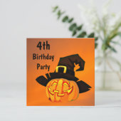Invitation Joyeux Citrouille en sorcière Casquette 4 Annivers (Debout devant)
