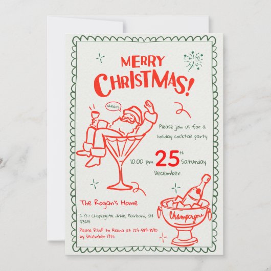 Invitation Joyeux Cocktail de Noël Joyeux Doodle tiré main (Devant)