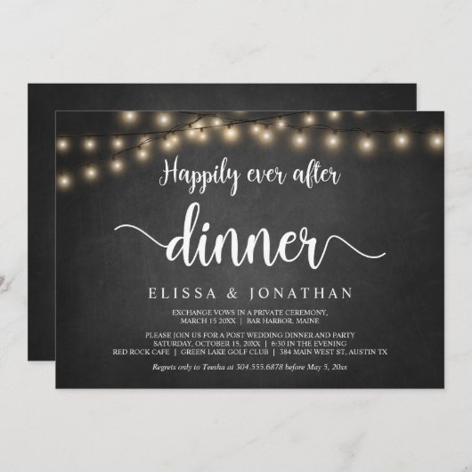 Invitation Joyeux dîner d'après-mariage, guirlande lumineuse, (Devant / Derrière)