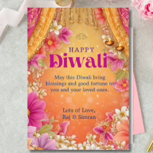 Invitation Joyeux Diwali Fleurs Rose Jaune Violet