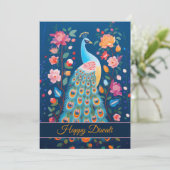 Invitation Joyeux Diwali Paon & Fleurs (Debout devant)