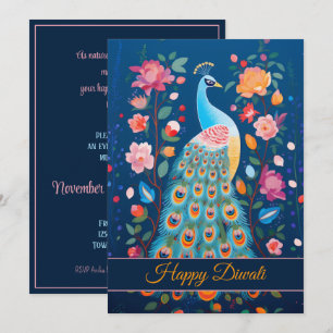 Invitation Joyeux Diwali Paon & Fleurs