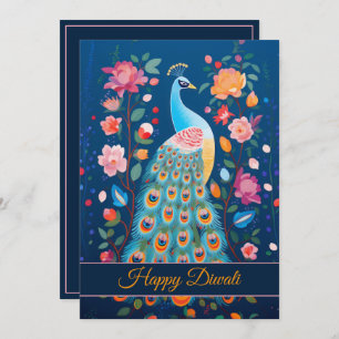 Invitation Joyeux Diwali Peacock & Flowers