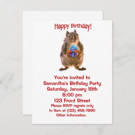 Invitation Joyeux écureuil d'anniversaire avec le présent (Devant / Derrière)