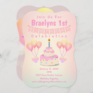 Invitation Joyeux gâteau et ballons d'anniversaire 1er