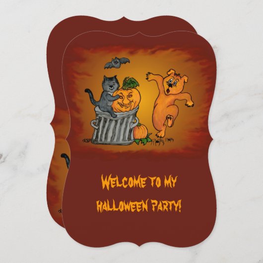 Invitation Joyeux Halloween avec Chat Chat Chien et Araignée (Devant / Derrière)
