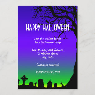 Invitation Joyeux Halloween bleu et vert cimetière brillant