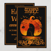 Invitation Joyeux Halloween Chat Noir Araignée Chauves-Souris (Devant / Derrière)
