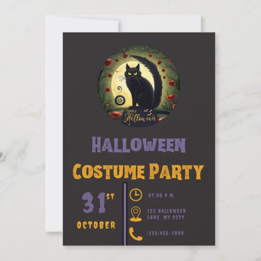 Invitation Joyeux Halloween Chat noir Lune Halloween noir (Devant)