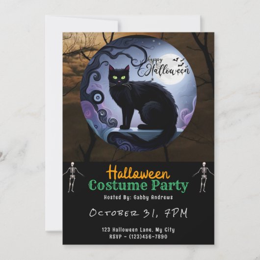 Invitation Joyeux Halloween Chat noir Lune Halloween noir (Devant)