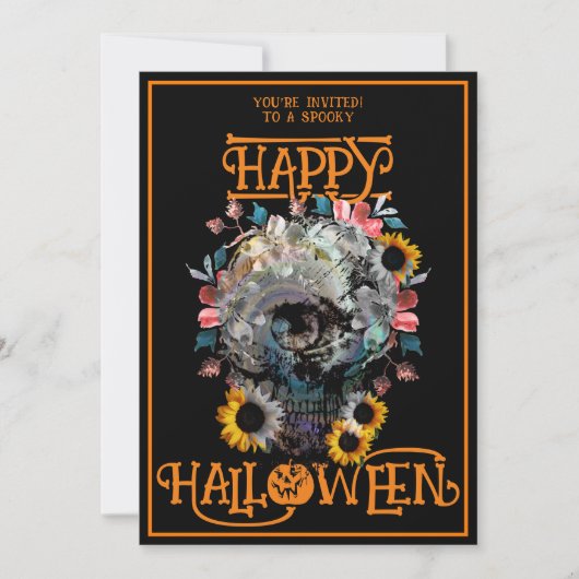 Invitation Joyeux Halloween Crâne Floral Party Oranges noires (Devant)