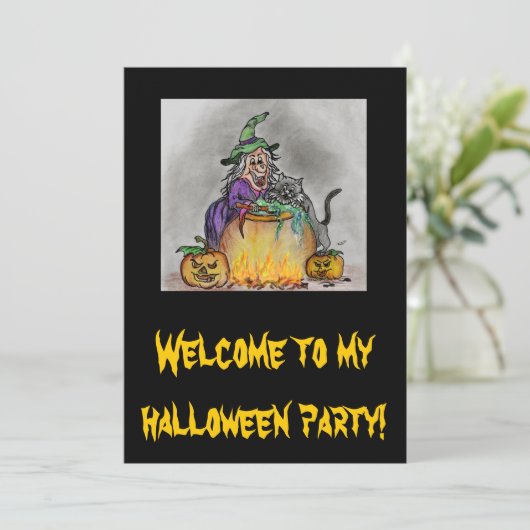 Invitation Joyeux Halloween Sorcière Chat (Debout devant)