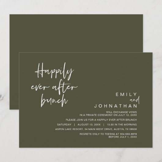 Invitation Joyeux Jour Après Brunch Mariage, Olive Green (Devant / Derrière)