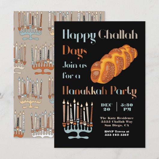 Invitation Joyeux Jour de Challah Parti Hanoukka (Devant / Derrière)