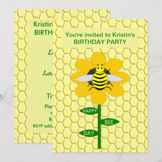 Invitation Joyeux Jour des abeilles Anniversaire Bumblebee Pe (Devant / Derrière)