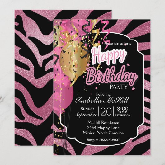 Invitation Joyeux Jour du Jour - Pink & Black Zebra Stripes I (Devant / Derrière)
