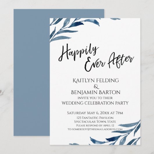 Invitation Joyeux Mariage Après Tout Blue Leaves Réception-On (Devant / Derrière)