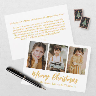 Invitation Joyeux Noël 3 Photos Collage Or Élégant