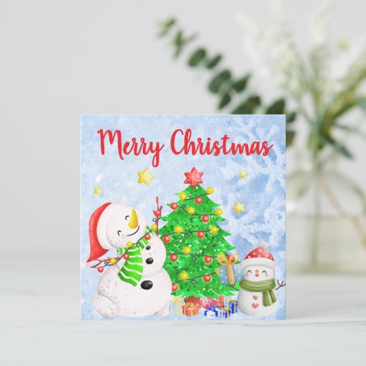 Invitation Joyeux Noël avec Snowman & Enfant avec Arbre (Debout devant)