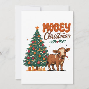 Invitation Joyeux Noël Bébé Vache Meuglant Tenant un Bâton de